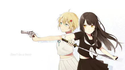 HD anime original artwork depicting two girls, one with blonde hair holding a gun and the other with dark hair wielding a katana, designed as a PC desktop wallpaper.