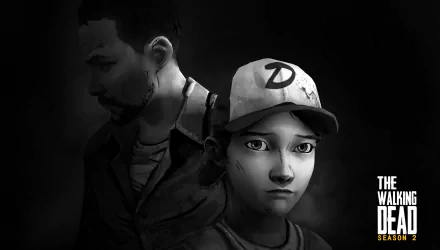 Clementine and Lee Everett from The Walking Dead: Season 2 are featured in this HD desktop wallpaper, capturing a poignant moment from the iconic video game series.