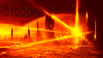 Stellaris RTS video game HD PC desktop wallpaper: fiery alien world with molten seas, jagged spires and crossing orange energy beams beneath a swollen red sky.