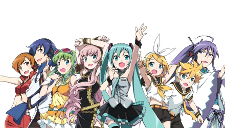 Colorful HD wallpaper featuring Vocaloid characters Camui Gackpo, Kaito, Rin and Len Kagamine, Meiko, GUMI, Luka Megurine, and Hatsune Miku in dynamic poses.