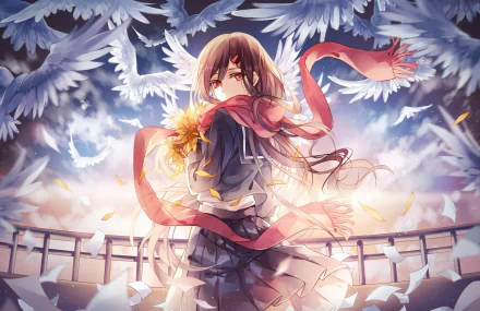 A girl with brown hair and red eyes, wearing a school uniform, stands amidst flying white birds. She is Ayano Tateyama from the Kagerou Project, set against a vibrant sky.