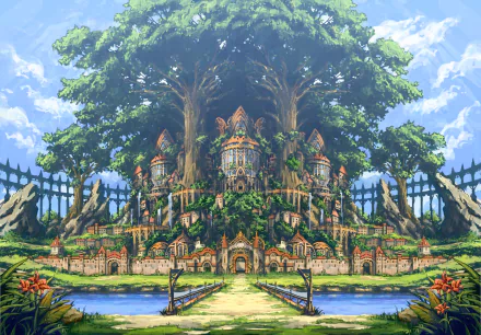 HD anime wallpaper featuring a picturesque town with intricate buildings nestled within and around a massive, majestic tree. The scene includes a bridge leading into the vibrant town under a bright, blue sky.