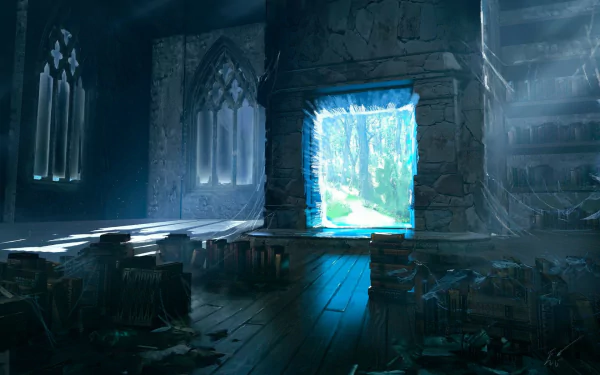A mystical library scene featuring a glowing portal surrounded by ancient books and stone architecture, evoking a sense of fantasy and adventure. HD wallpaper for desktop.