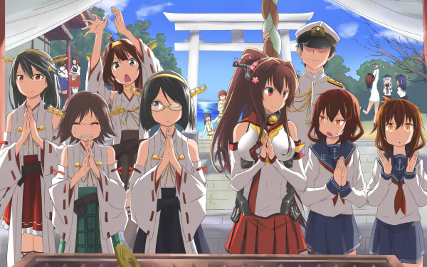 A group of characters from Kantai Collection, including Yamato, Kaga, and Akagi, dressed in traditional attire, gathered at a shrine, expressing joy and reverence in an anime-style wallpaper.