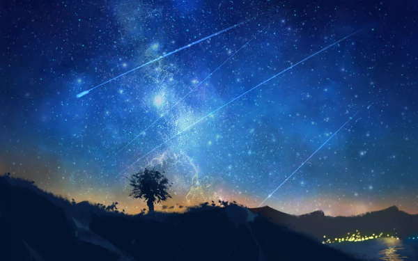 A stunning HD anime desktop wallpaper featuring a starry night sky, with shooting stars illuminating the scene above a silhouetted tree and distant mountains.