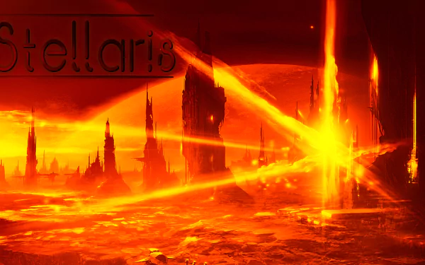 Stellaris RTS video game HD PC desktop wallpaper: fiery alien world with molten seas, jagged spires and crossing orange energy beams beneath a swollen red sky.