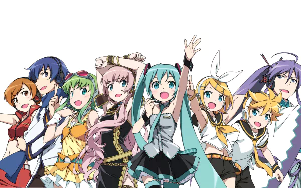 Colorful HD wallpaper featuring Vocaloid characters Camui Gackpo, Kaito, Rin and Len Kagamine, Meiko, GUMI, Luka Megurine, and Hatsune Miku in dynamic poses.