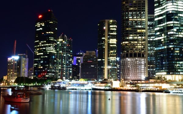 Man Made Brisbane Cities Australia City Brisbane River Building Skyscraper Queensland Night Light Reflection Boat HD Wallpaper | Background Image