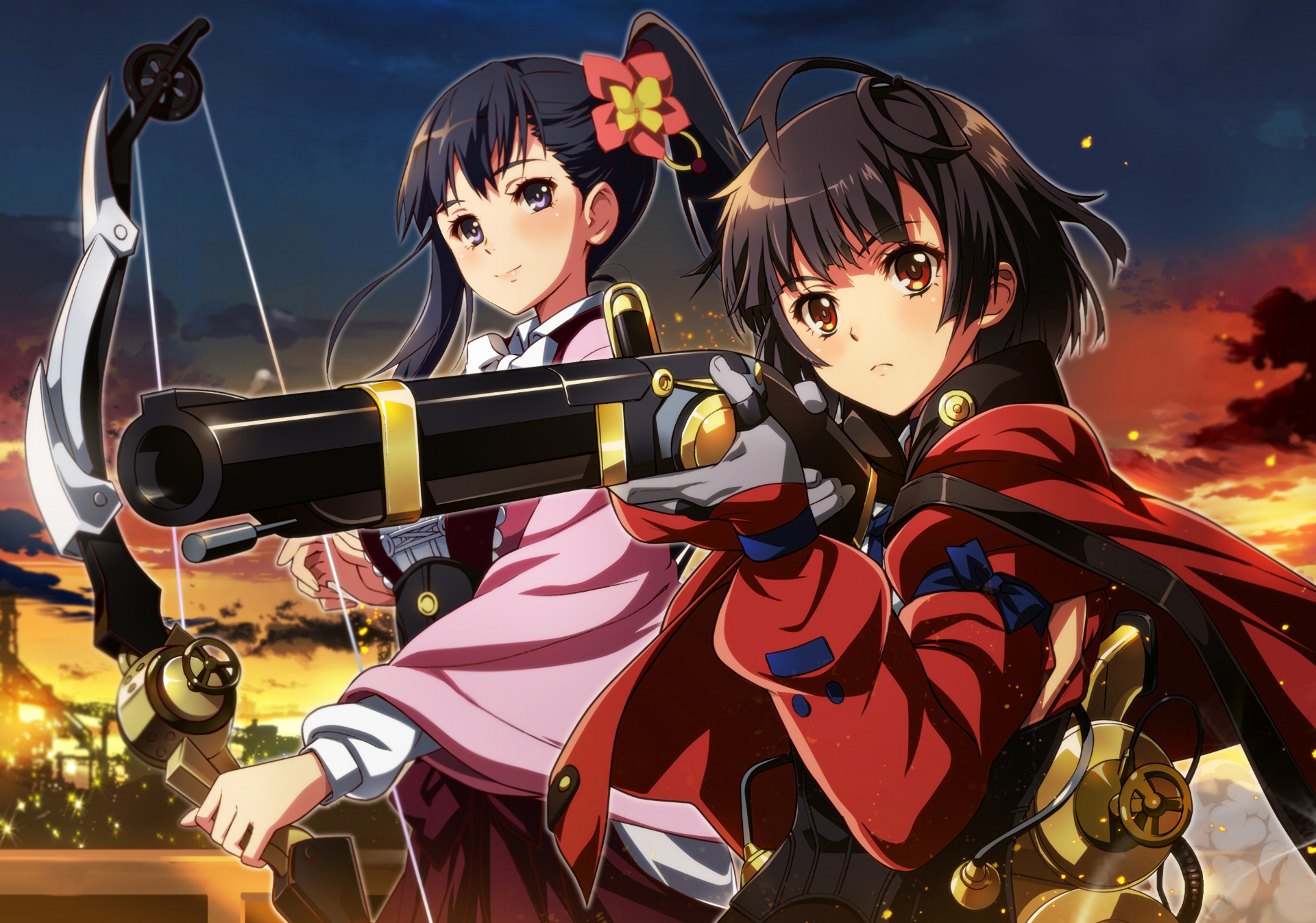 Anime characters Ayame Yomogawa and Mumei from Kabaneri of the Iron Fortress stand ready for action against a dramatic sunset backdrop in this HD desktop wallpaper.