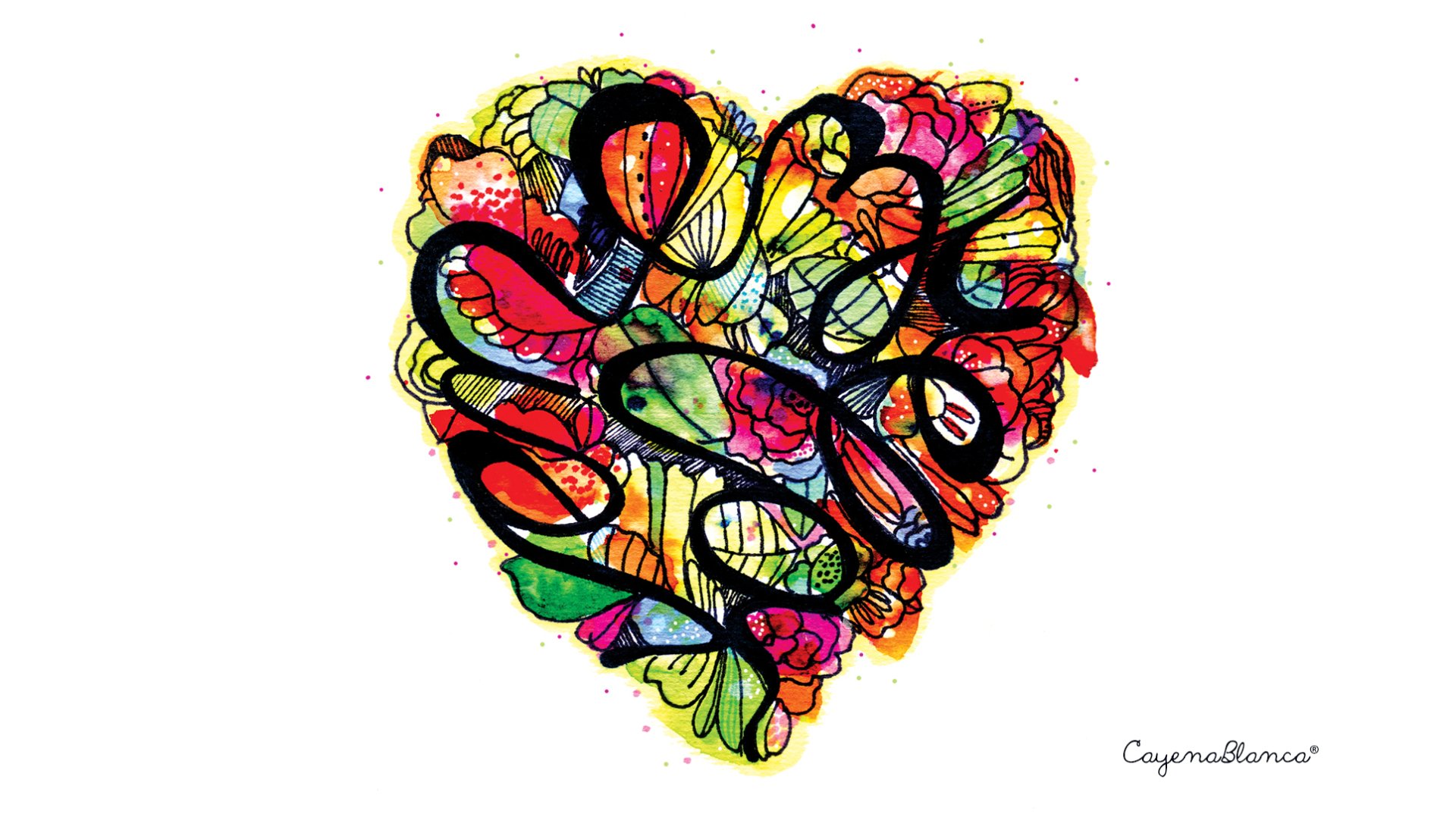 A vibrant, artistic heart filled with colorful flowers and swirling lines, symbolizing love and creativity, designed as a stunning HD desktop wallpaper.