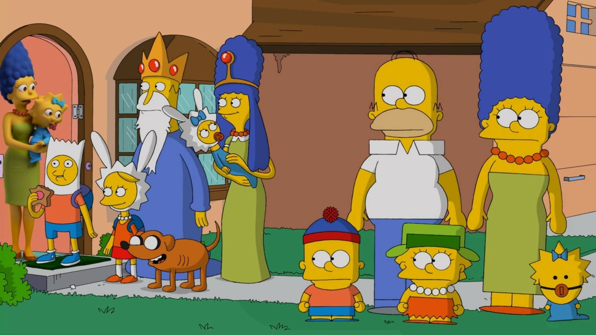 HD PC desktop wallpaper/background of The Simpsons TV show: Homer, Marge, Bart, Lisa, Maggie and other Springfield characters standing in a row on the front lawn.