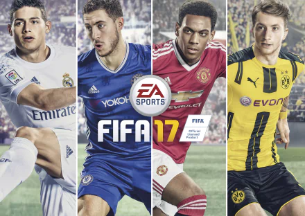 An HD PC desktop wallpaper featuring players from FIFA 17, showcasing athletes in their respective jerseys, with the EA Sports logo prominently displayed in the center.