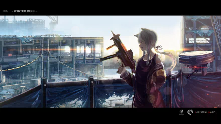 A captivating HD anime wallpaper featuring an original character holding a gun against an industrial backdrop at sunset, showcasing a blend of action and atmosphere.