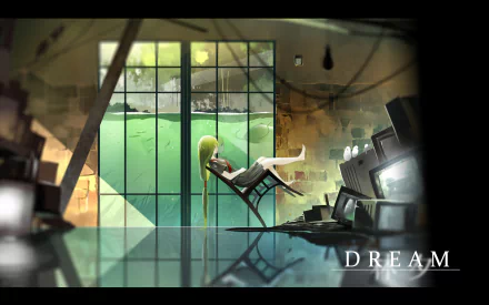 A serene anime scene featuring a girl with long hair relaxing in a chair by a window, surrounded by old televisions and a tranquil green backdrop. HD desktop wallpaper for inspiration.