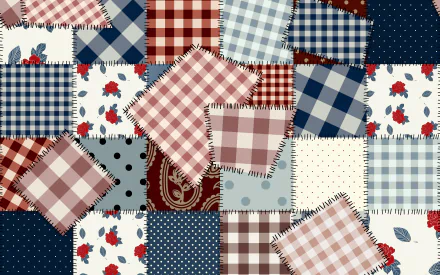 Patchwork artistic vector pattern of stitched gingham, floral and paisley squares in red, blue, navy and cream — 4K Ultra HD PC desktop wallpaper background.