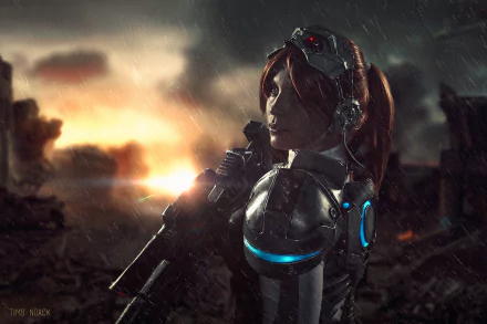 A strong woman in a Nova Terra-themed costume from Starcraft II stands confidently in a desolate landscape, illuminated by a dramatic sunset, showcasing intricate details of her cosplay armor.
