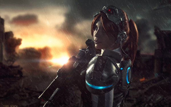 A strong woman in a Nova Terra-themed costume from Starcraft II stands confidently in a desolate landscape, illuminated by a dramatic sunset, showcasing intricate details of her cosplay armor.