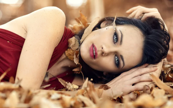 A stunning brunette model in a red dress lies amidst autumn leaves, creating a beautiful HD desktop wallpaper and background.