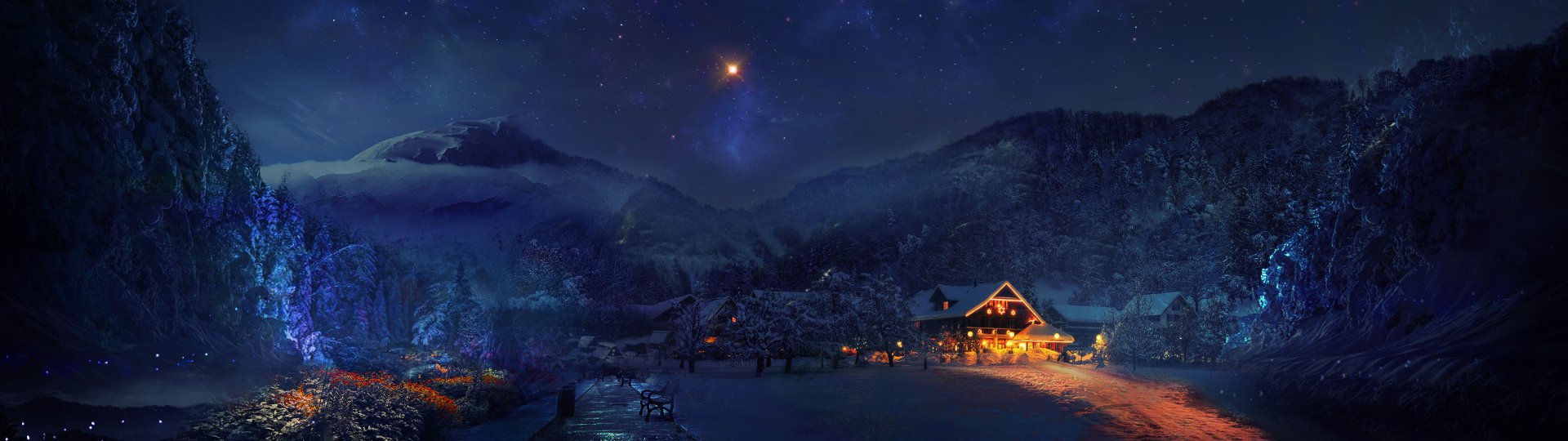 Fantasy winter night scene with a glowing star over snow-covered mountains and a warmly lit cabin, captured in HD for a PC desktop wallpaper.