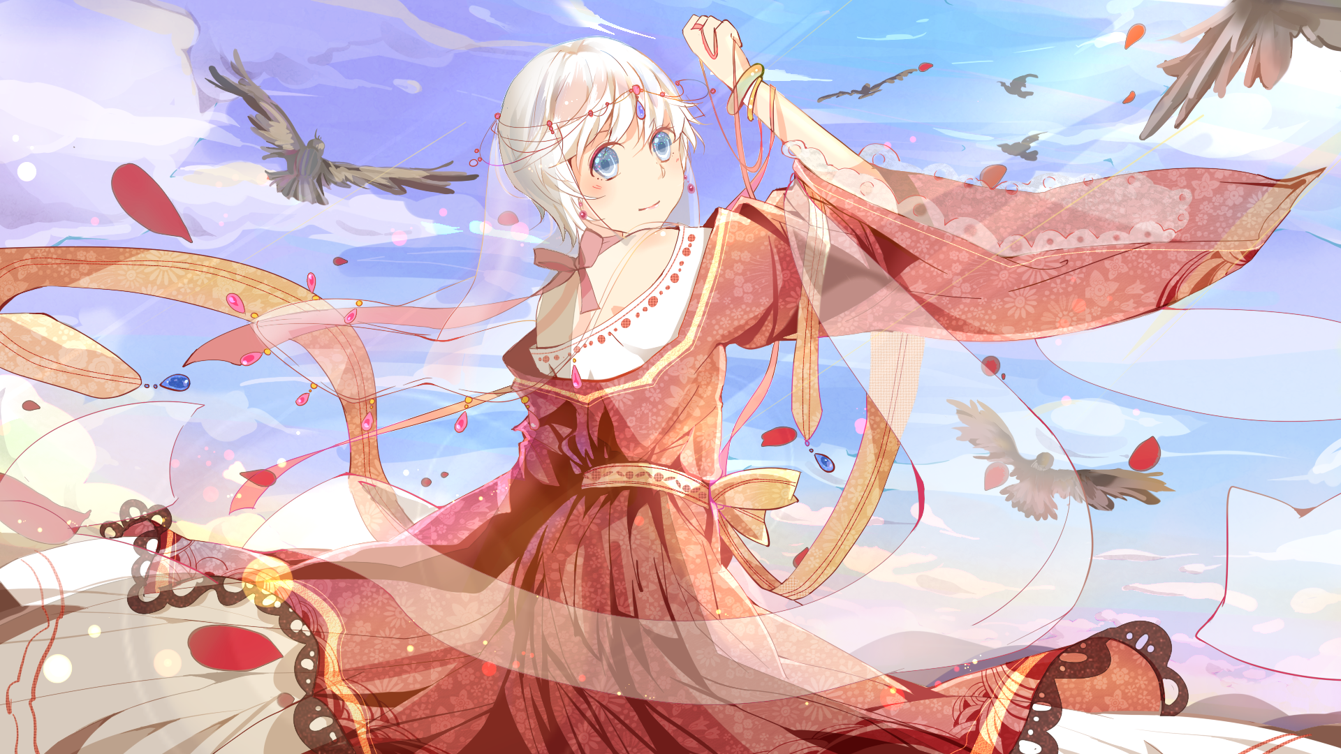 HD desktop wallpaper of Yan He from Vocaloid, depicted in a flowing red dress with white hair and blue eyes, surrounded by birds and petals against a bright sky.