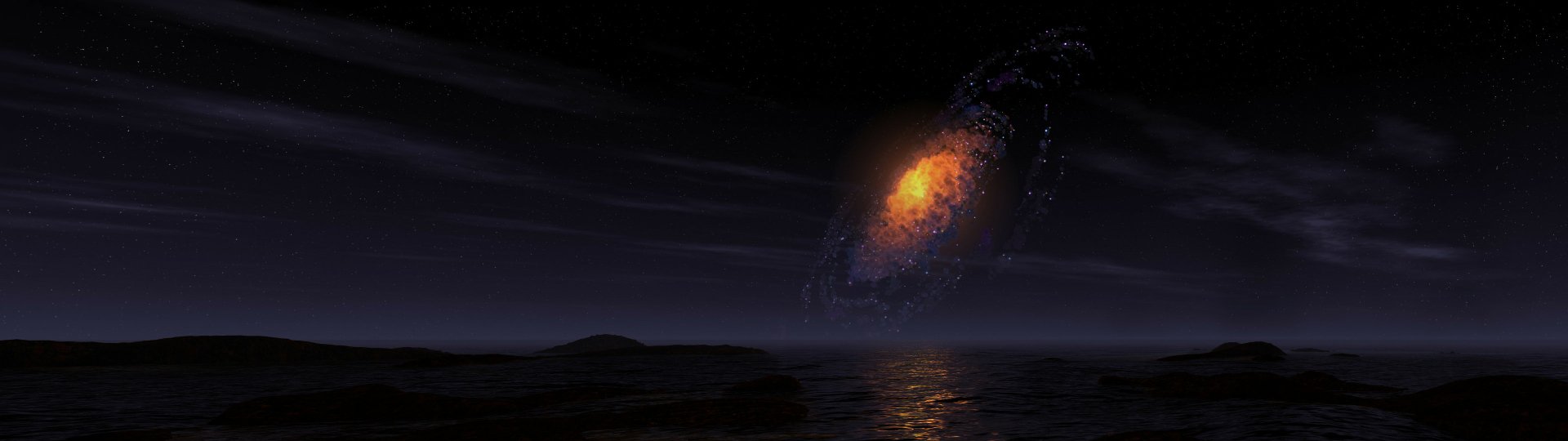 HD PC desktop wallpaper featuring a vivid sci-fi galaxy glowing with bright orange and blue hues over a dark, reflective water surface under a night sky.