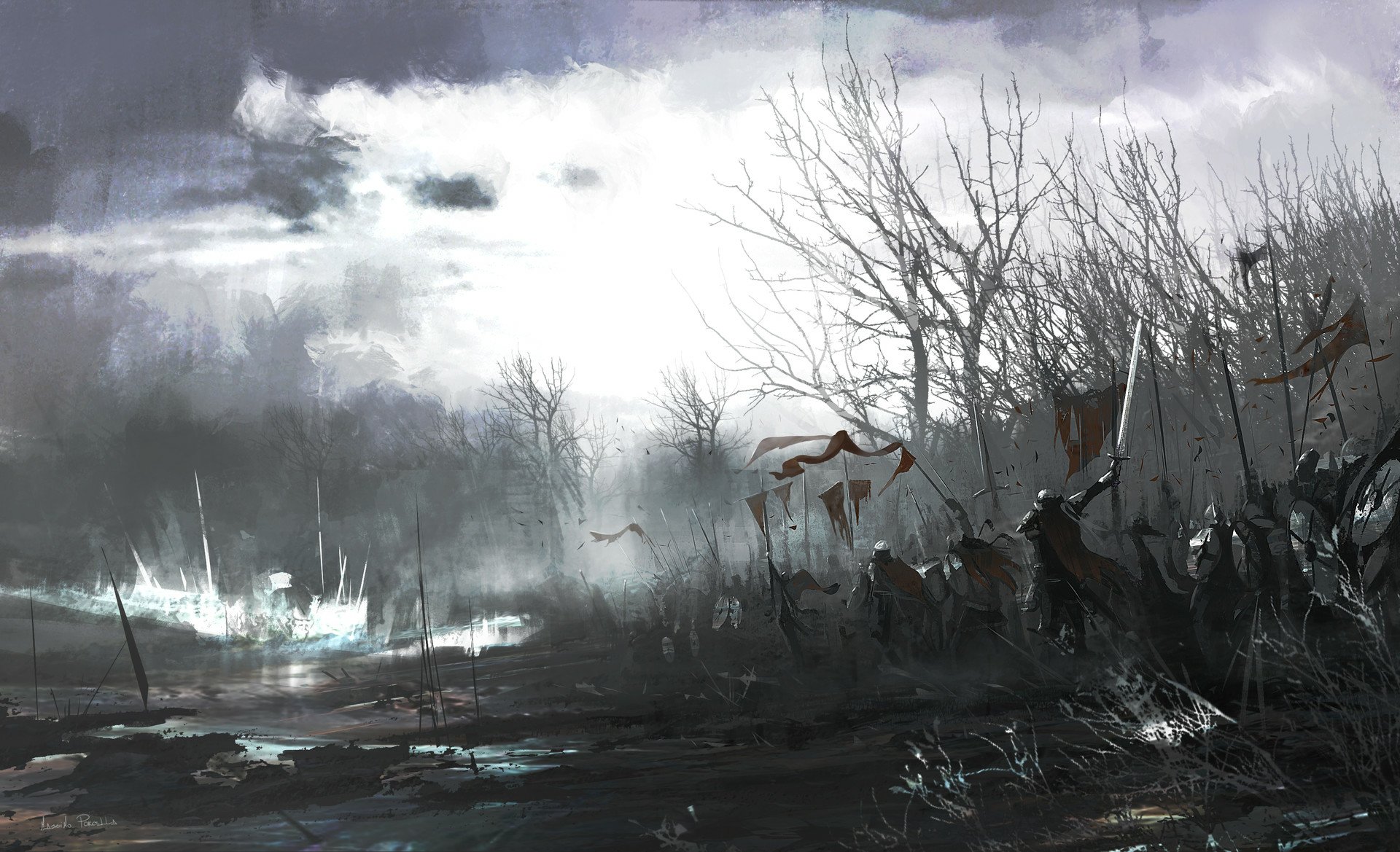 HD fantasy wallpaper depicting a dark army of armored warriors and knights wielding swords, advancing through a foggy, barren battlefield under a stormy sky.