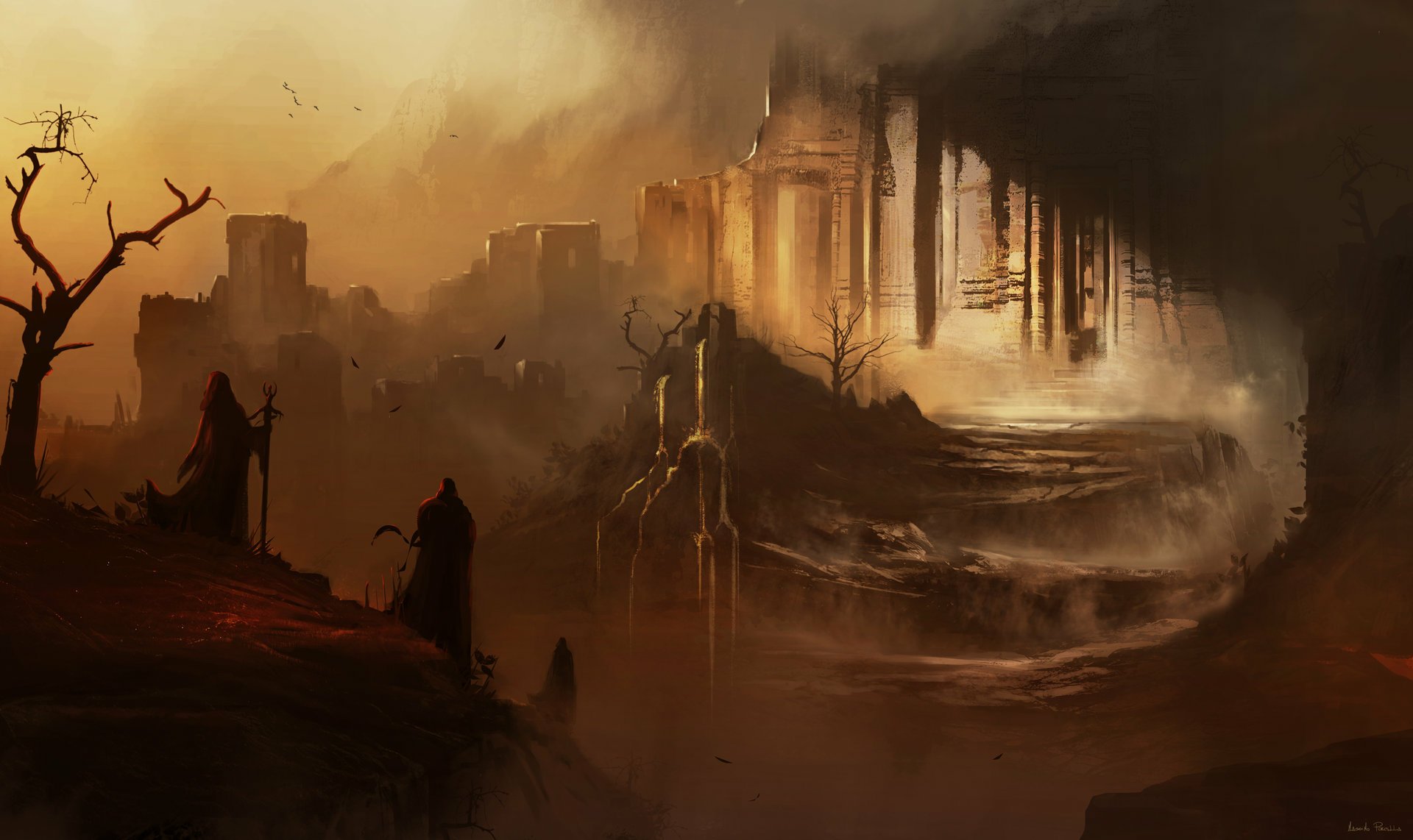 A dramatic fantasy landscape featuring ancient ruined buildings shrouded in mist and shadow, rendered in high definition for a PC desktop wallpaper.