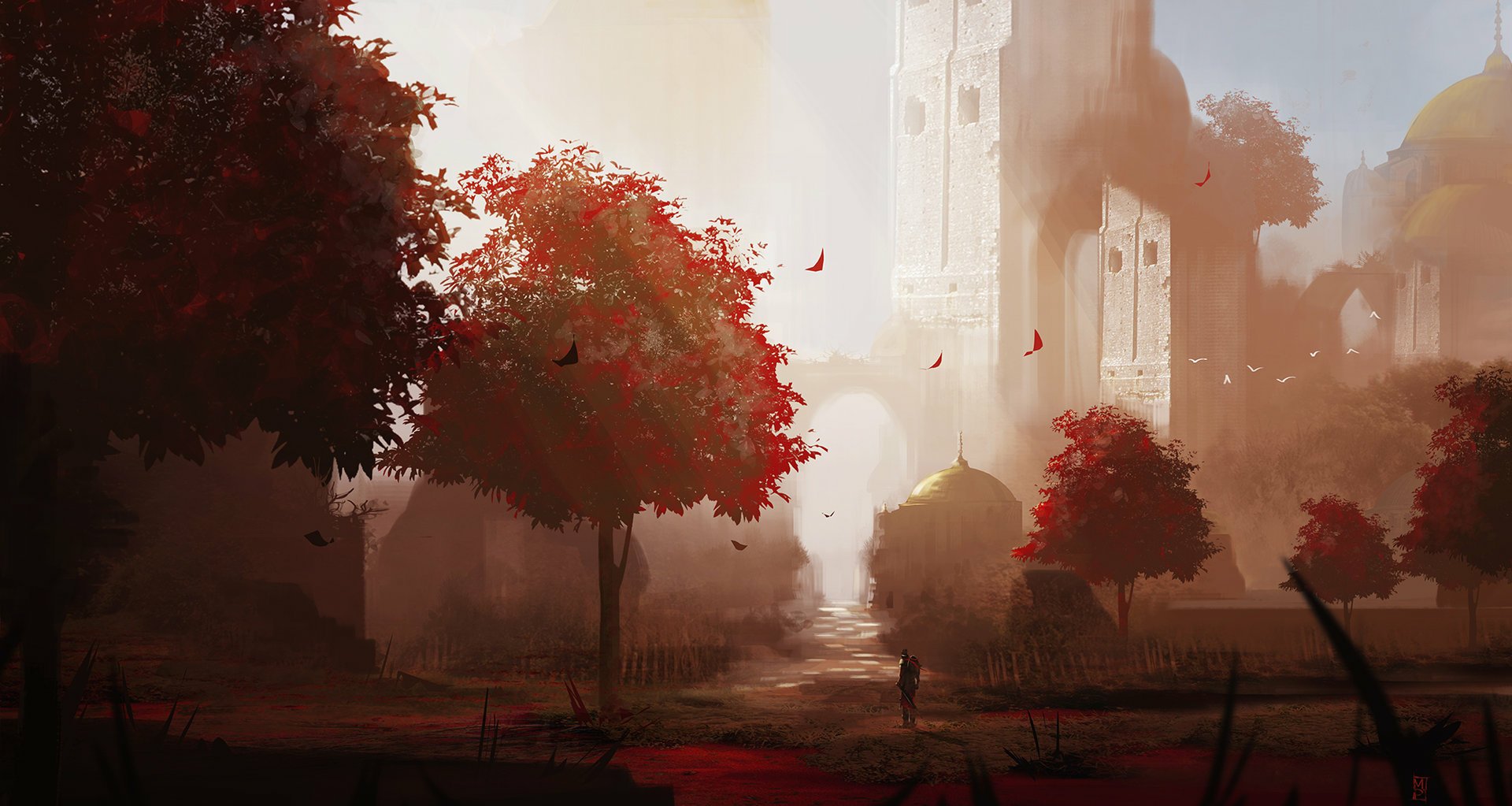 HD artistic fantasy landscape of a city with tall buildings and vibrant red trees, blending natural and urban elements in a captivating, dreamlike environment.
