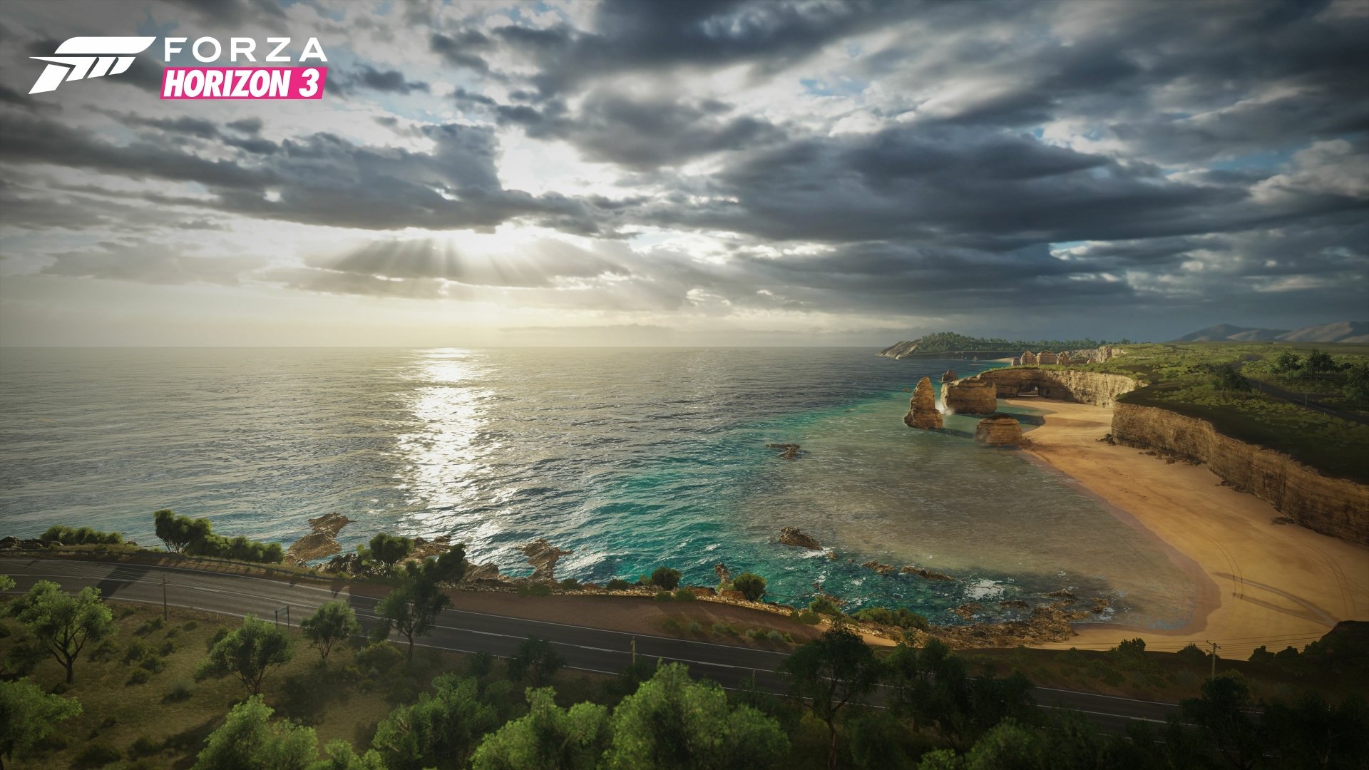 Scenic 4K Ultra HD PC wallpaper from Forza Horizon 3 featuring a coastal road, beach, and sunlit ocean under a dramatic cloudy sky.