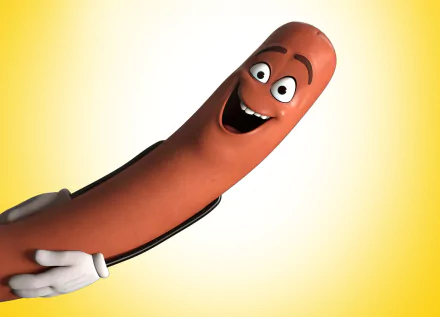 HD PC desktop wallpaper showing a smiling anthropomorphic hot dog from the movie Sausage Party against a bright yellow background