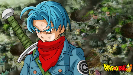 HD desktop wallpaper featuring Trunks from Dragon Ball Super in front of a detailed, destruction-filled landscape. The Dragon Ball logo is visible in the corner.