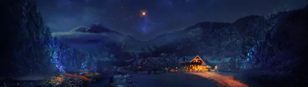 Fantasy winter night scene with a glowing star over snow-covered mountains and a warmly lit cabin, captured in HD for a PC desktop wallpaper.