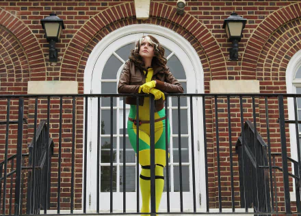 Woman cosplaying Rogue (Marvel Comics, X‑Men) with two‑toned hair and green‑and‑yellow costume, leaning on a balcony railing — 2K Quad HD PC desktop wallpaper/background.