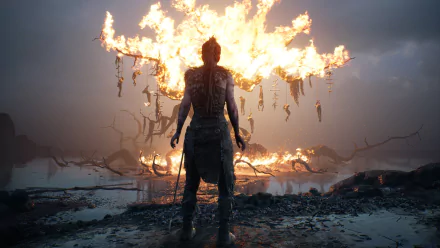 A striking 4K Ultra HD wallpaper featuring Senua from the video game Hellblade: Senua's Sacrifice, set against a dramatic backdrop of fire and twisted branches.