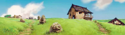 HD PC desktop wallpaper featuring a serene anime scene from Spirited Away, with a quaint house on a grassy hill under a bright blue sky.