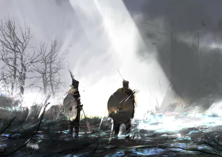 HD fantasy warrior wallpaper depicting two armored figures with shields standing in a dark, misty landscape under a dramatic sky.