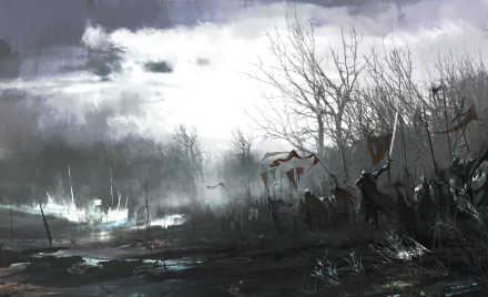HD fantasy wallpaper depicting a dark army of armored warriors and knights wielding swords, advancing through a foggy, barren battlefield under a stormy sky.
