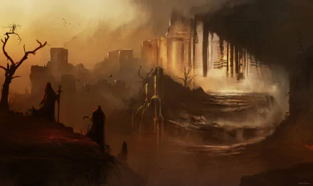A dramatic fantasy landscape featuring ancient ruined buildings shrouded in mist and shadow, rendered in high definition for a PC desktop wallpaper.