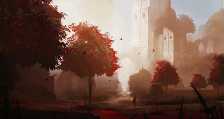 HD artistic fantasy landscape of a city with tall buildings and vibrant red trees, blending natural and urban elements in a captivating, dreamlike environment.
