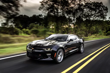 A black Chevrolet Camaro SS muscle car driving on a tree-lined road, captured in high-definition as a striking PC desktop wallpaper.