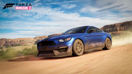 A high-definition desktop wallpaper featuring a blue sports car racing through a sandy landscape, showcasing the dynamic driving experience of Forza Horizon 3.