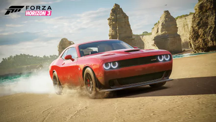 A vibrant red car speeds along a sandy beach, kicking up dust, with rocky cliffs in the background. This HD wallpaper features artwork from the video game Forza Horizon 3.