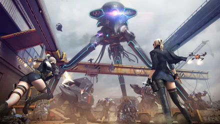 HD desktop wallpaper from the video game CrossFire, featuring futuristic soldiers battling a giant alien robot in an industrial setting.