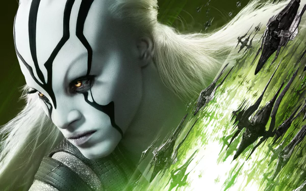 HD PC desktop wallpaper featuring Jaylah, portrayed by Sofia Boutella, from the movie Star Trek Beyond, with distinct white and black facial markings and intense gaze.