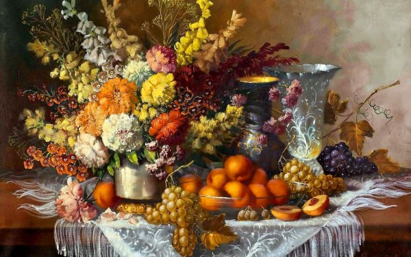 Artistic Painting Still Life Vase Fruit Flower Colorful HD Wallpaper | Background Image