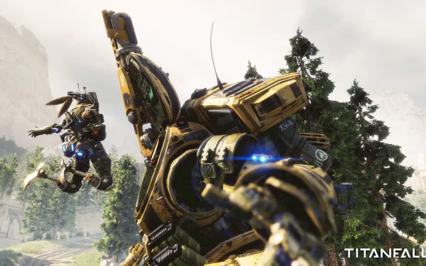 A vibrant 4K Ultra HD wallpaper from Titanfall 2, showcasing the dynamic interaction between a pilot and a towering Titan in a lush, immersive environment.
