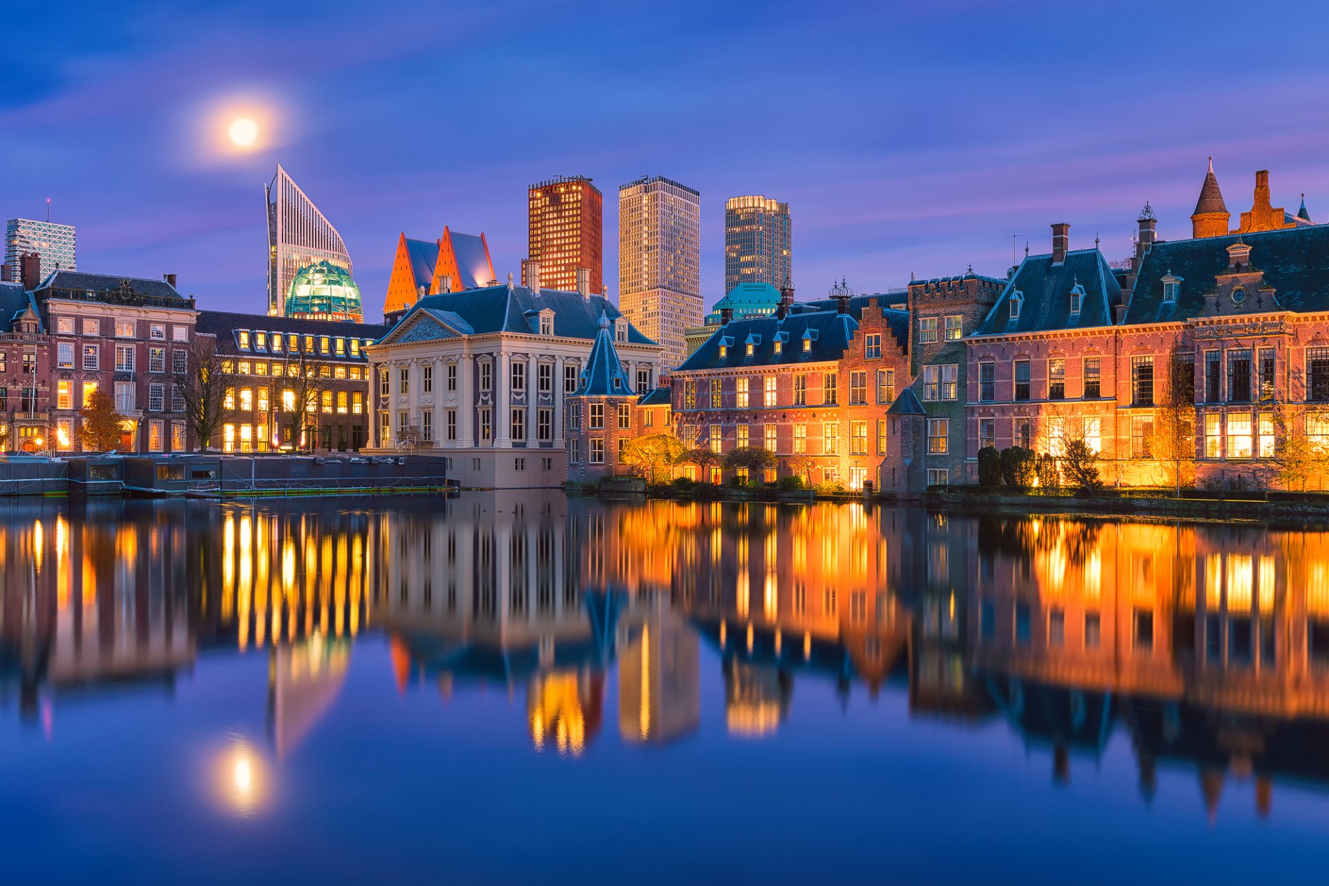 Download Lake Reflection Light Night Netherlands City Man Made The Hague HD Wallpaper