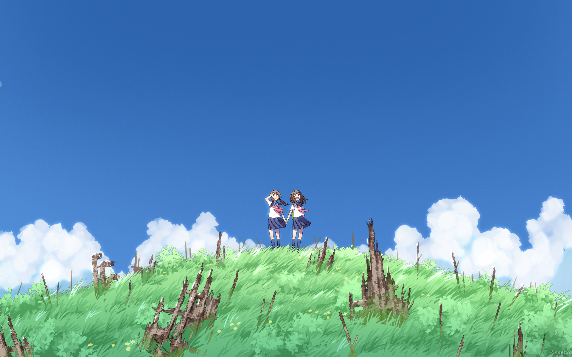 Anime-style HD desktop wallpaper featuring two characters standing on a grassy hill under a bright blue sky with fluffy white clouds, original artwork.