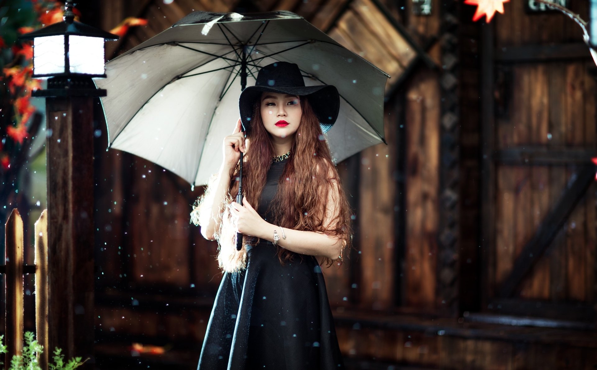 A brunette woman in a black dress and hat holds an umbrella against a wooden backdrop. She is wearing red lipstick. The image is tagged with oriental and model, and serves as an HD desktop wallpaper.
