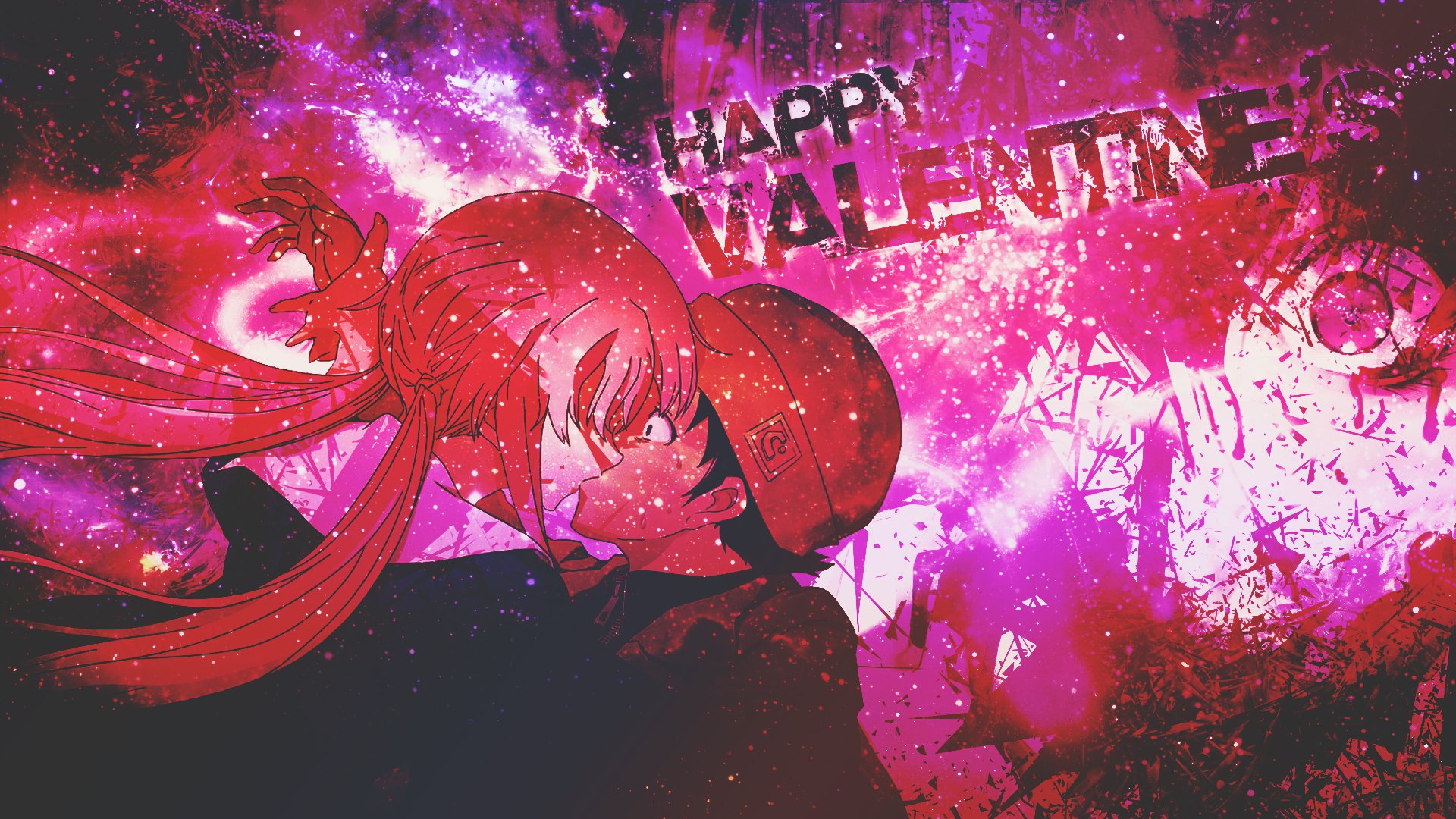 Yukiteru Amano and Yuno Gasai share an intimate moment against a vibrant, multicolored background, with Happy Valentine's prominently displayed, capturing the essence of anime Mirai Nikki.